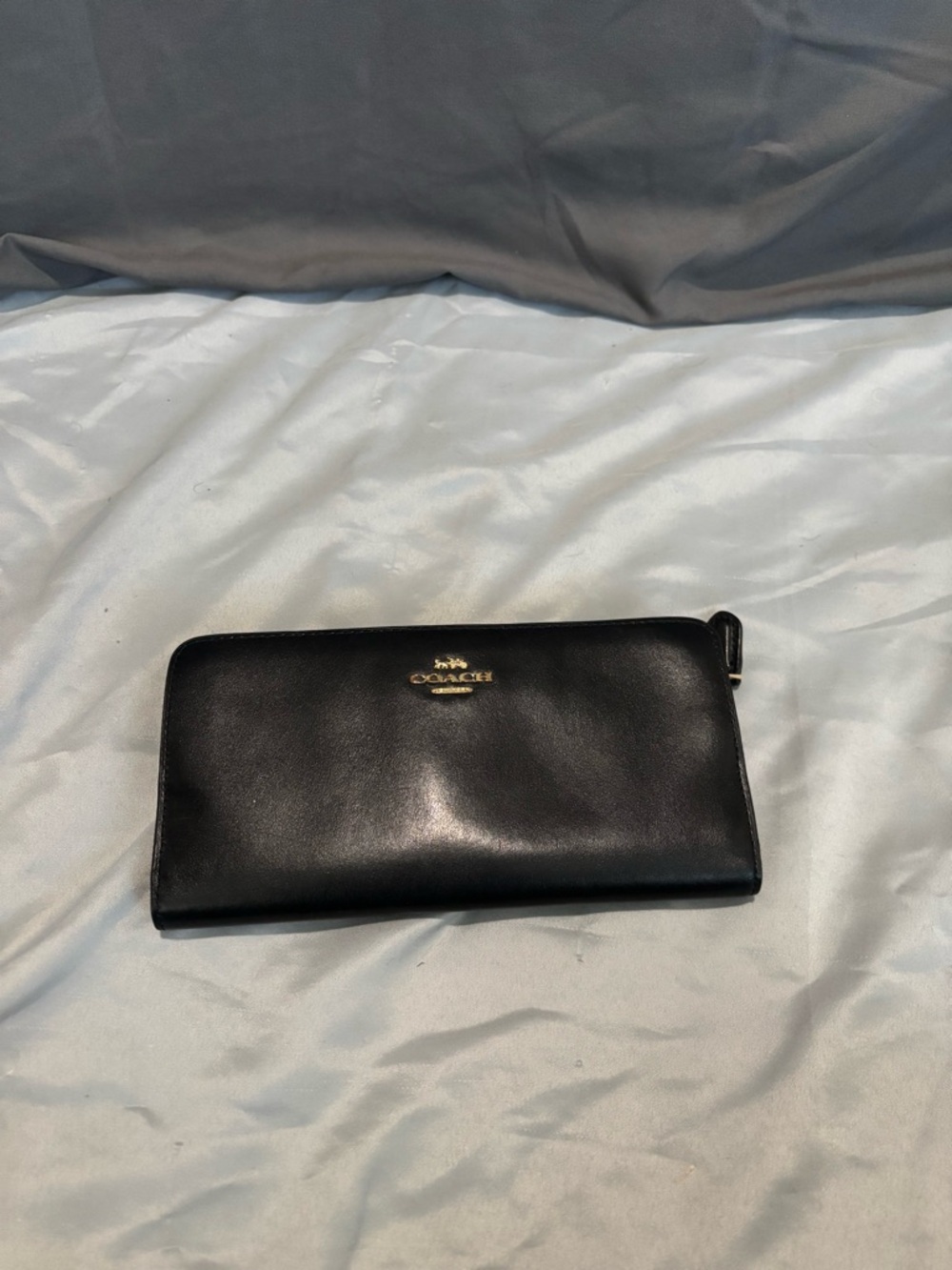 Coach Black Leather Zip-Around Wallet with Gold Logo